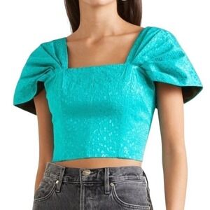 Rotate Petra Puff Sleeve Crop Top Size 8 Tile Blue Statement Party Chic Feminine